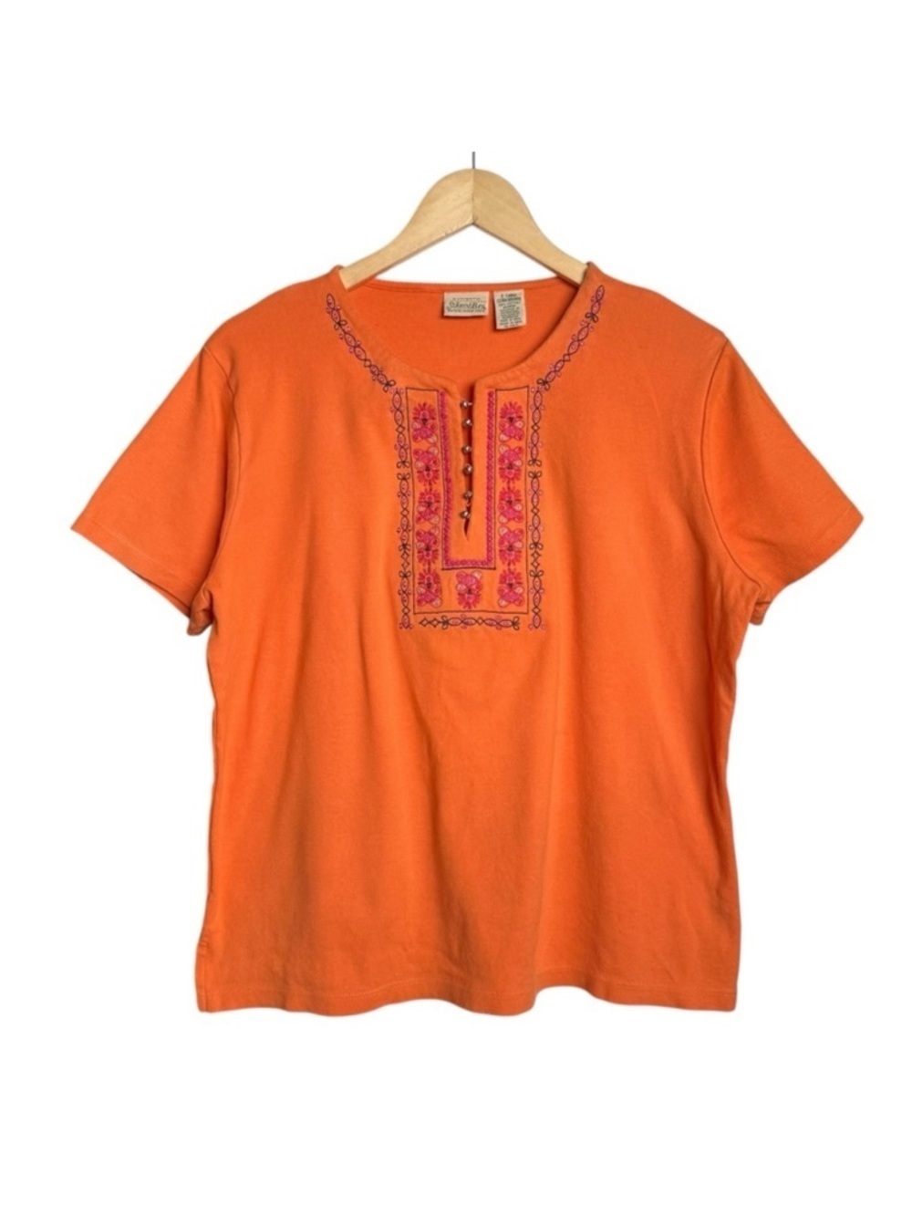 4/$25 St. John’s Bay Embellished T-Shirt Women XL Orange Embroidered V-Neck
